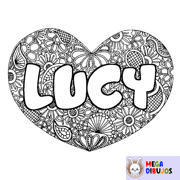 Coloraci&oacute;n del nombre LUCY - decorado mandala de coraz&oacute;n