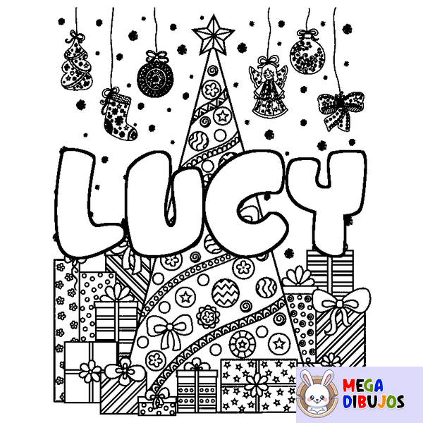 Coloraci&oacute;n del nombre LUCY - decorado &aacute;rbol de Navidad y regalos
