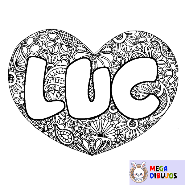 Coloraci&oacute;n del nombre LUC - decorado mandala de coraz&oacute;n
