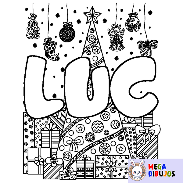 Coloraci&oacute;n del nombre LUC - decorado &aacute;rbol de Navidad y regalos