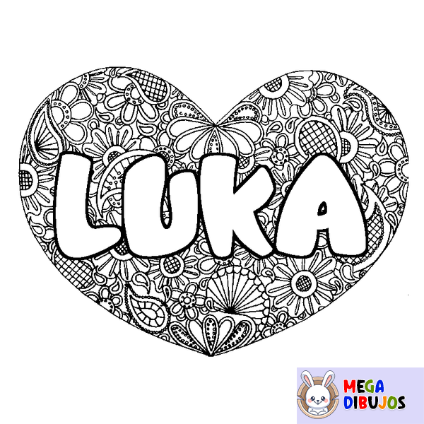 Coloraci&oacute;n del nombre LUKA - decorado mandala de coraz&oacute;n