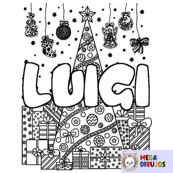 Coloraci&oacute;n del nombre LUIGI - decorado &aacute;rbol de Navidad y regalos