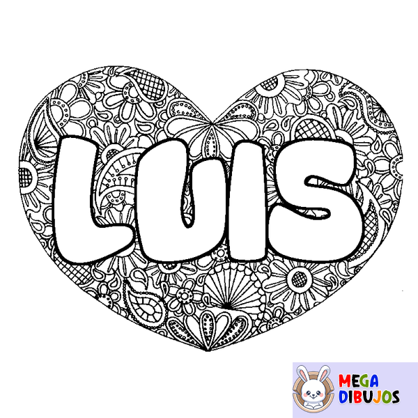 Coloraci&oacute;n del nombre LUIS - decorado mandala de coraz&oacute;n