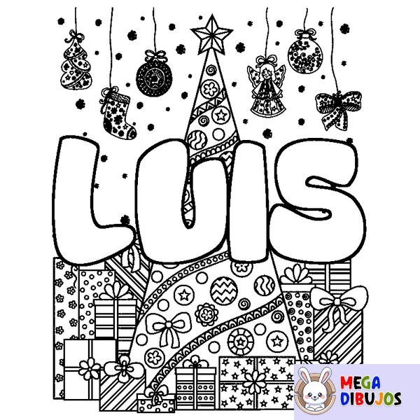 Coloraci&oacute;n del nombre LUIS - decorado &aacute;rbol de Navidad y regalos