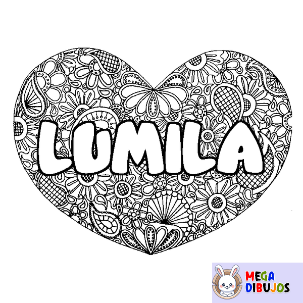 Coloraci&oacute;n del nombre LUMILA - decorado mandala de coraz&oacute;n