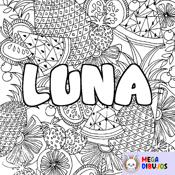 Coloraci&oacute;n del nombre LUNA - decorado mandala de frutas