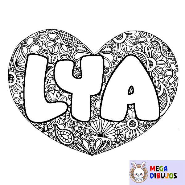 Coloraci&oacute;n del nombre LYA - decorado mandala de coraz&oacute;n
