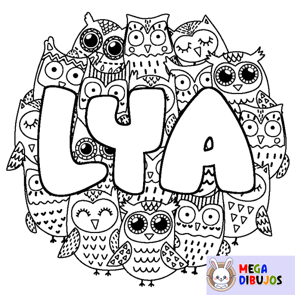 Coloraci&oacute;n del nombre LYA - decorado b&uacute;hos