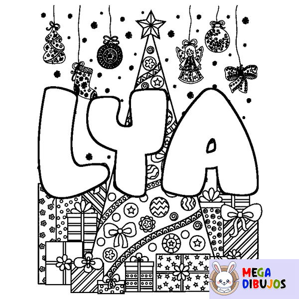 Coloraci&oacute;n del nombre LYA - decorado &aacute;rbol de Navidad y regalos