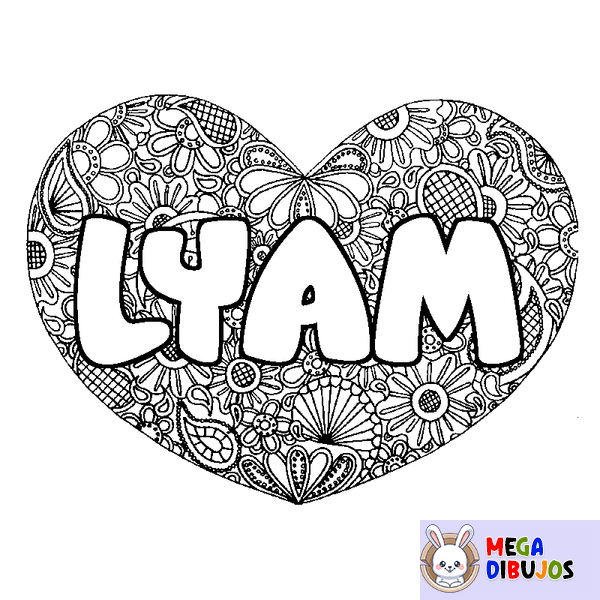 Coloraci&oacute;n del nombre LYAM - decorado mandala de coraz&oacute;n