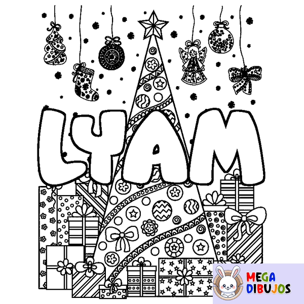 Coloraci&oacute;n del nombre LYAM - decorado &aacute;rbol de Navidad y regalos