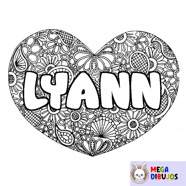 Coloraci&oacute;n del nombre LYANN - decorado mandala de coraz&oacute;n
