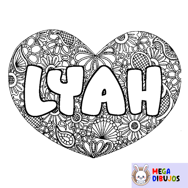 Coloraci&oacute;n del nombre LYAH - decorado mandala de coraz&oacute;n