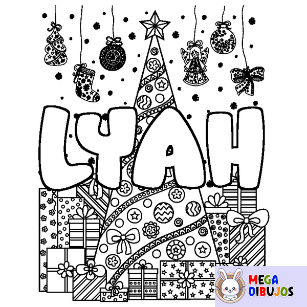 Coloraci&oacute;n del nombre LYAH - decorado &aacute;rbol de Navidad y regalos