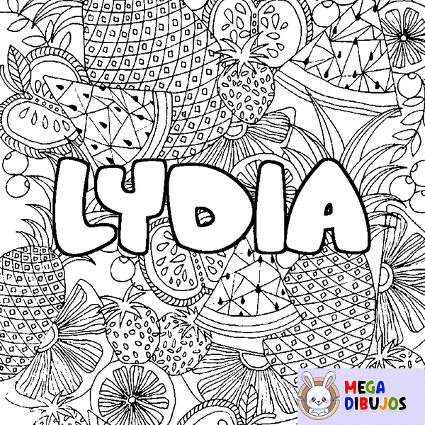 Coloraci&oacute;n del nombre LYDIA - decorado mandala de frutas