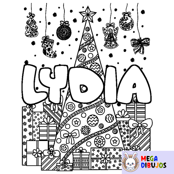 Coloraci&oacute;n del nombre LYDIA - decorado &aacute;rbol de Navidad y regalos