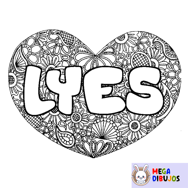 Coloraci&oacute;n del nombre LYES - decorado mandala de coraz&oacute;n