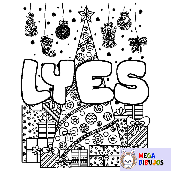 Coloraci&oacute;n del nombre LYES - decorado &aacute;rbol de Navidad y regalos