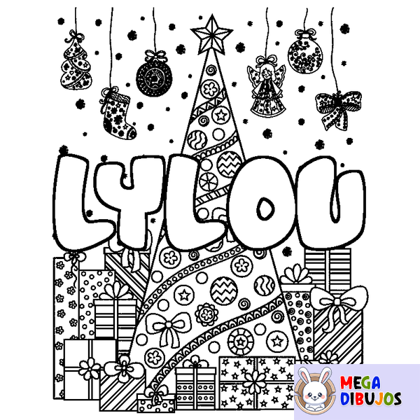 Coloraci&oacute;n del nombre LYLOU - decorado &aacute;rbol de Navidad y regalos