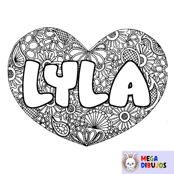 Coloraci&oacute;n del nombre LYLA - decorado mandala de coraz&oacute;n
