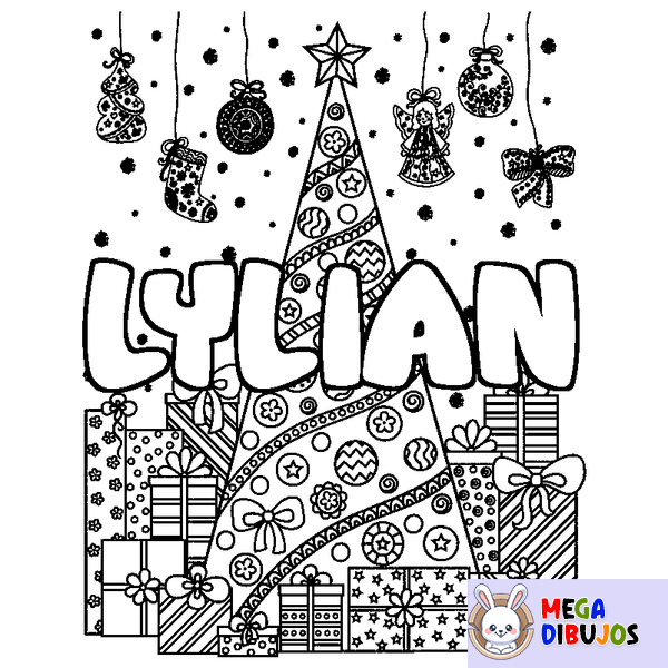 Coloraci&oacute;n del nombre LYLIAN - decorado &aacute;rbol de Navidad y regalos