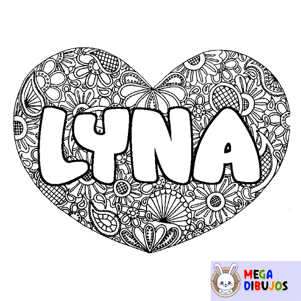 Coloraci&oacute;n del nombre LYNA - decorado mandala de coraz&oacute;n