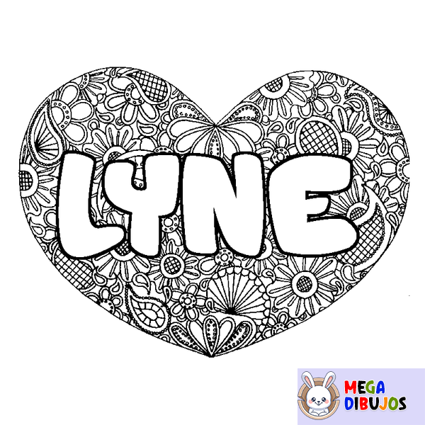 Coloraci&oacute;n del nombre LYNE - decorado mandala de coraz&oacute;n
