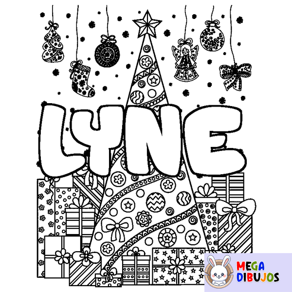 Coloraci&oacute;n del nombre LYNE - decorado &aacute;rbol de Navidad y regalos