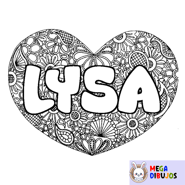 Coloraci&oacute;n del nombre LYSA - decorado mandala de coraz&oacute;n