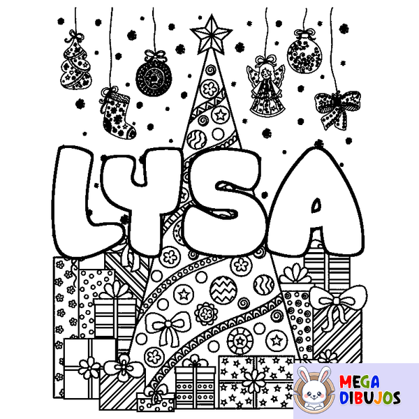 Coloraci&oacute;n del nombre LYSA - decorado &aacute;rbol de Navidad y regalos