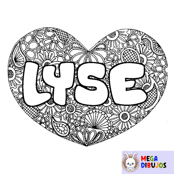 Coloraci&oacute;n del nombre LYSE - decorado mandala de coraz&oacute;n