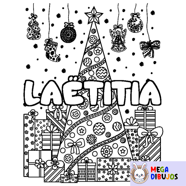 Coloraci&oacute;n del nombre LA&Euml;TITIA - decorado &aacute;rbol de Navidad y regalos