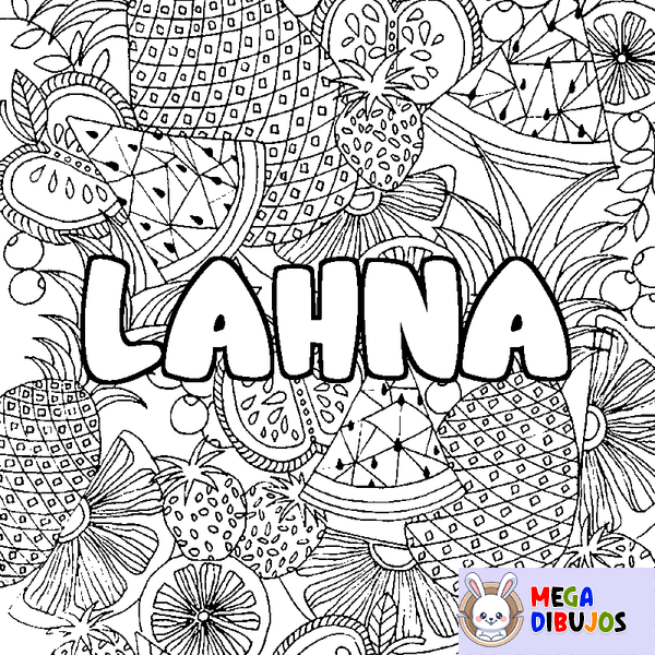 Coloraci&oacute;n del nombre LAHNA - decorado mandala de frutas