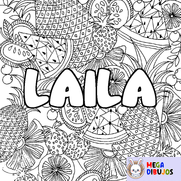 Coloraci&oacute;n del nombre LAILA - decorado mandala de frutas