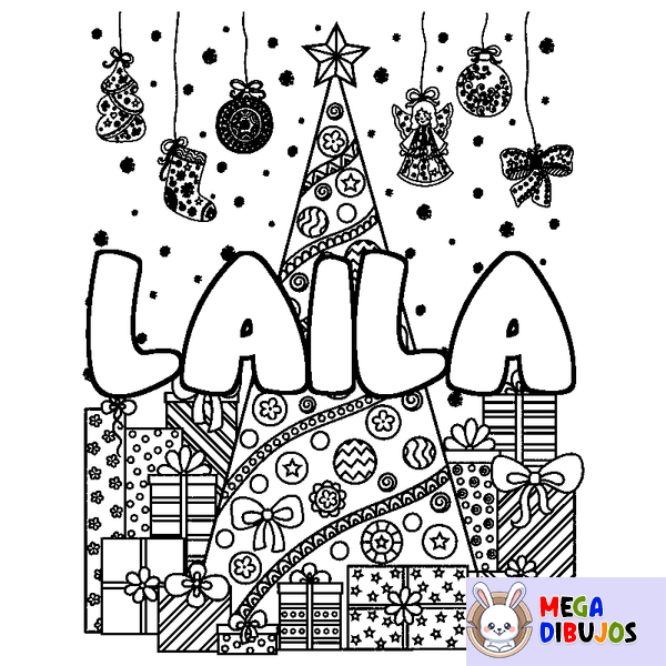 Coloraci&oacute;n del nombre LAILA - decorado &aacute;rbol de Navidad y regalos