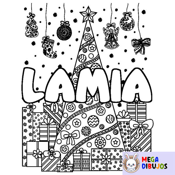 Coloraci&oacute;n del nombre LAMIA - decorado &aacute;rbol de Navidad y regalos