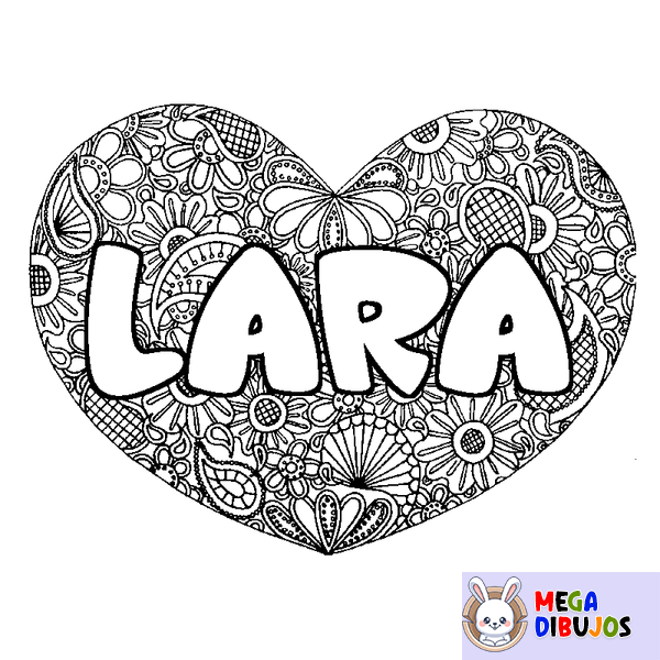 Coloraci&oacute;n del nombre LARA - decorado mandala de coraz&oacute;n