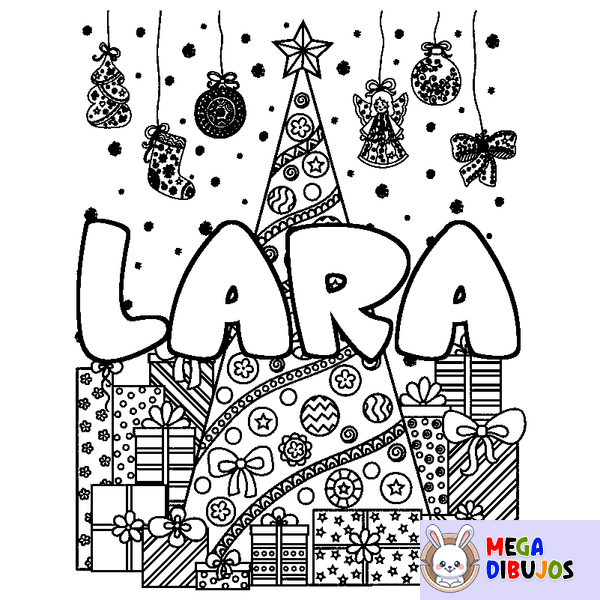 Coloraci&oacute;n del nombre LARA - decorado &aacute;rbol de Navidad y regalos