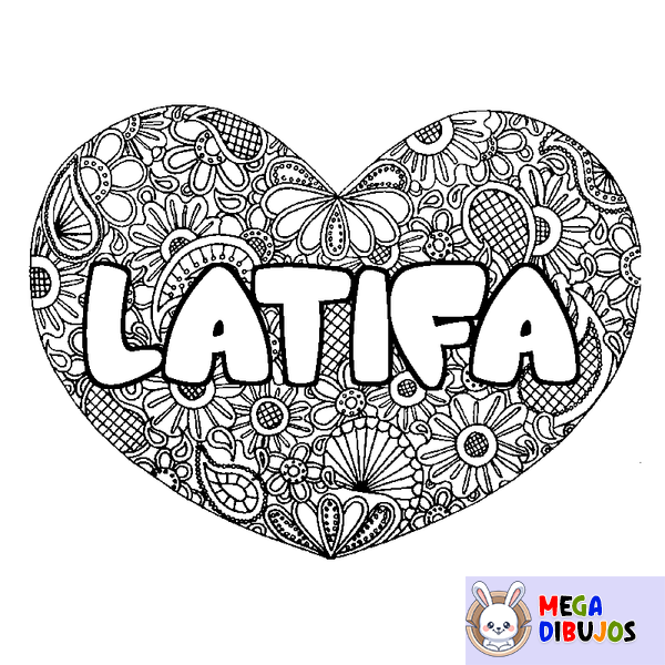 Coloraci&oacute;n del nombre LATIFA - decorado mandala de coraz&oacute;n