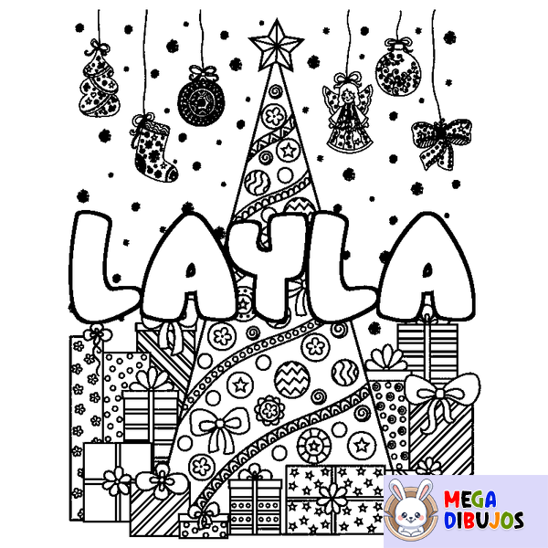 Coloraci&oacute;n del nombre LAYLA - decorado &aacute;rbol de Navidad y regalos