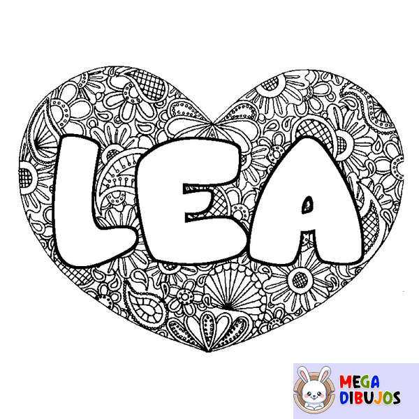 Coloraci&oacute;n del nombre LEA - decorado mandala de coraz&oacute;n