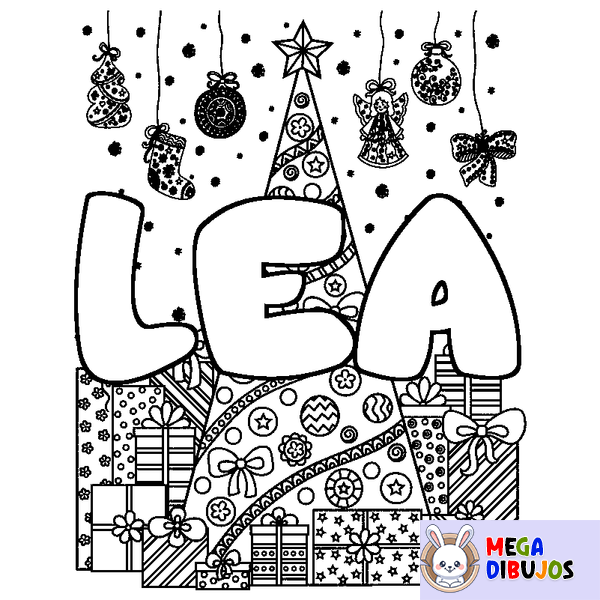 Coloraci&oacute;n del nombre LEA - decorado &aacute;rbol de Navidad y regalos