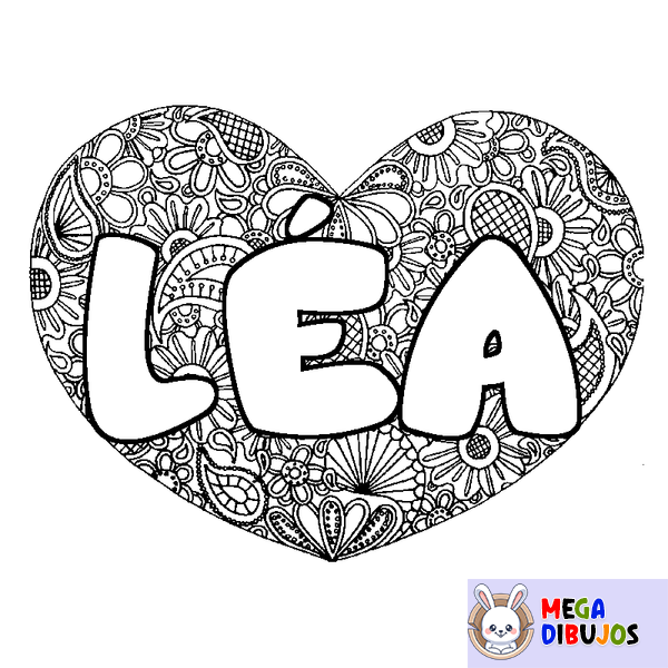 Coloraci&oacute;n del nombre L&Eacute;A - decorado mandala de coraz&oacute;n