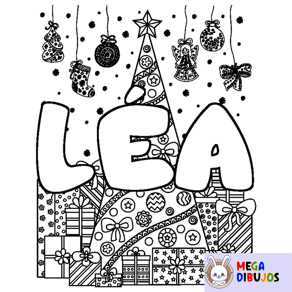 Coloraci&oacute;n del nombre L&Eacute;A - decorado &aacute;rbol de Navidad y regalos