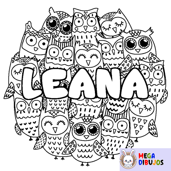 Coloraci&oacute;n del nombre LEANA - decorado b&uacute;hos