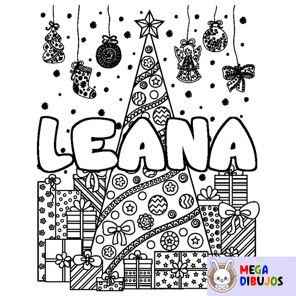 Coloraci&oacute;n del nombre LEANA - decorado &aacute;rbol de Navidad y regalos