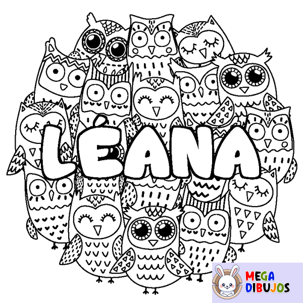 Coloraci&oacute;n del nombre L&Eacute;ANA - decorado b&uacute;hos