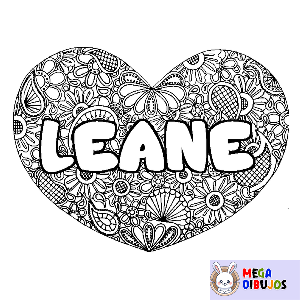 Coloraci&oacute;n del nombre LEANE - decorado mandala de coraz&oacute;n