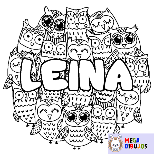 Coloraci&oacute;n del nombre LEINA - decorado b&uacute;hos