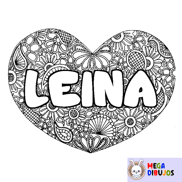 Coloraci&oacute;n del nombre LEINA - decorado mandala de coraz&oacute;n